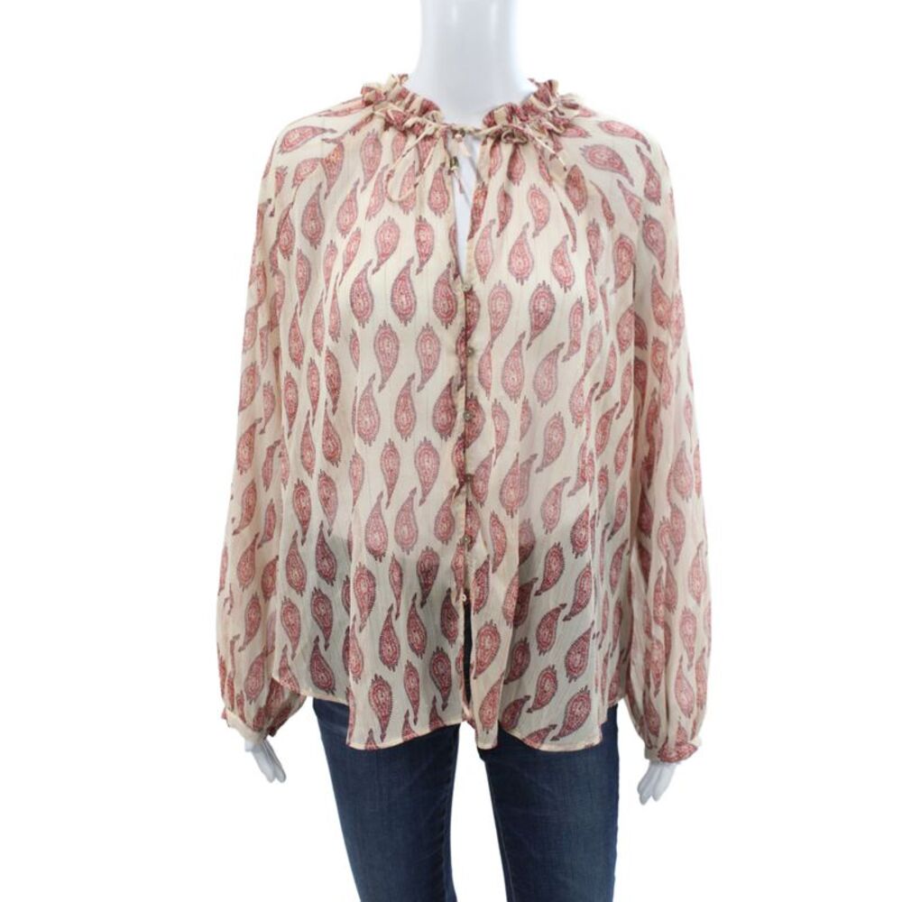 Zara Womens Bohemian Paisley V-Neck Tunic Blouse Beige Long Sleeve Size S